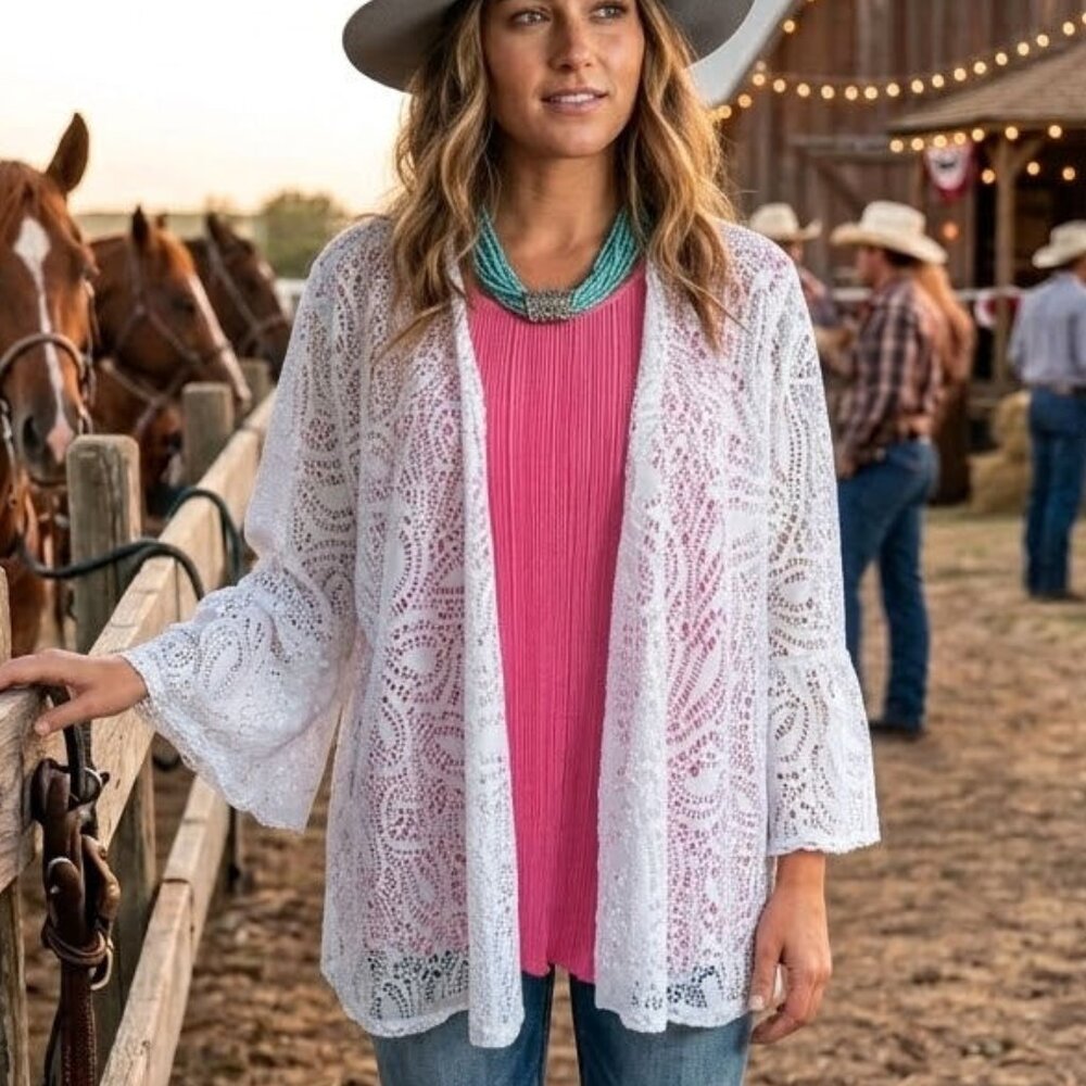 SOUTHERN LADY 2 PIECE SHIRT & LACE KIMONO  BRAND NEW  HOT PINK TANK PAIRED WITH‎
